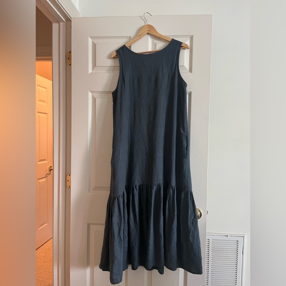 Notperfect Linen Drop Ruffle Maxi Dress size small in dark grey blue color